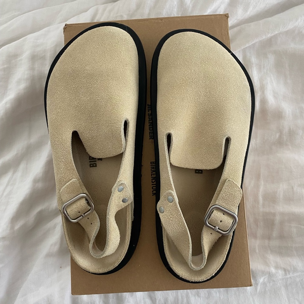 Jil Sander x Birkenstock 1774 Berlin Suede Clog in color Sand. SIZE 42